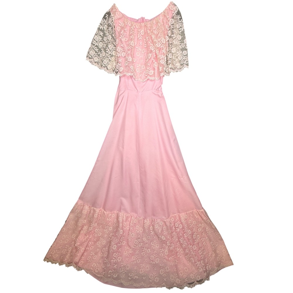 70s Vintage Pink Lace Cape Overlay Maxi Gown Dress with Back Bow Size XS S